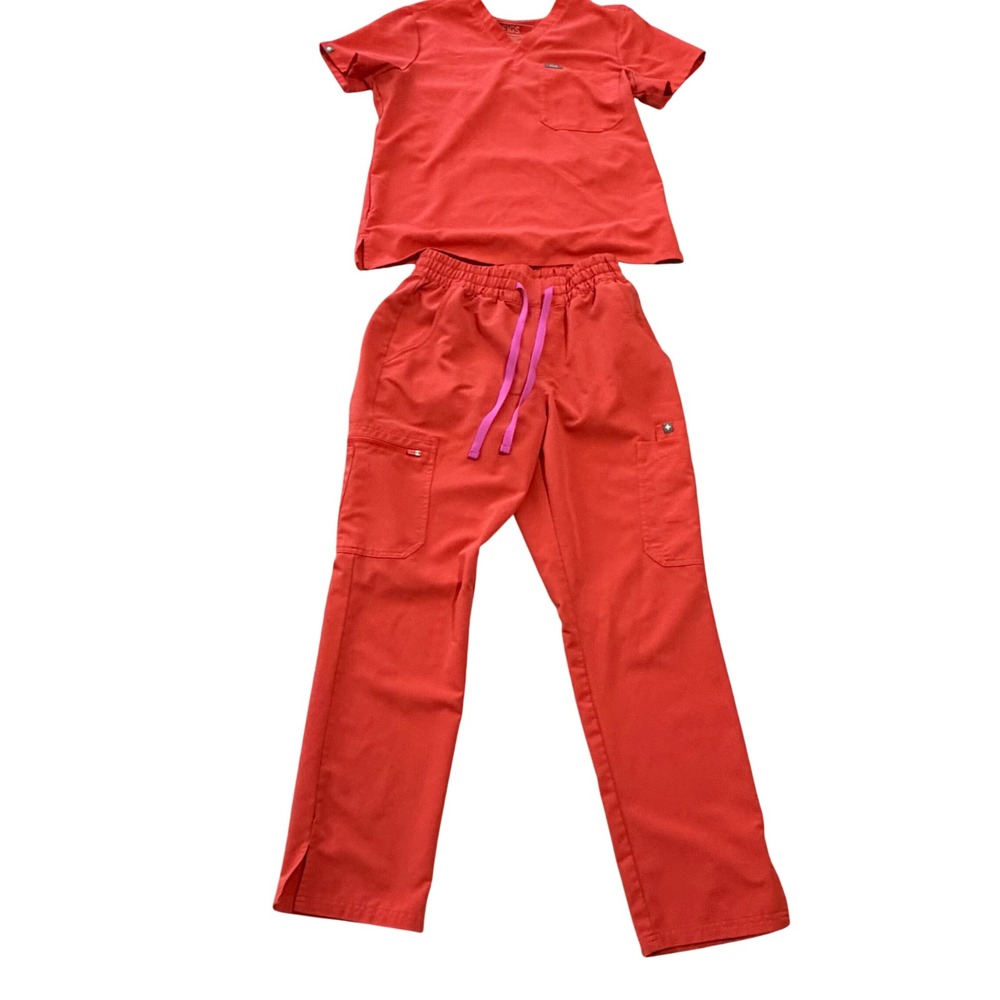 FIGS "Fireside" Lmtd Ed Catarina Petite Scrub Top Joggers sz S smll stain on top